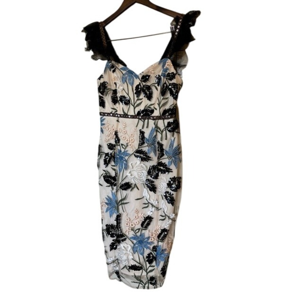 Lulus Embroidered Sequin Cocktail Show Stopper Dress Cream Blue Black Size S NWT